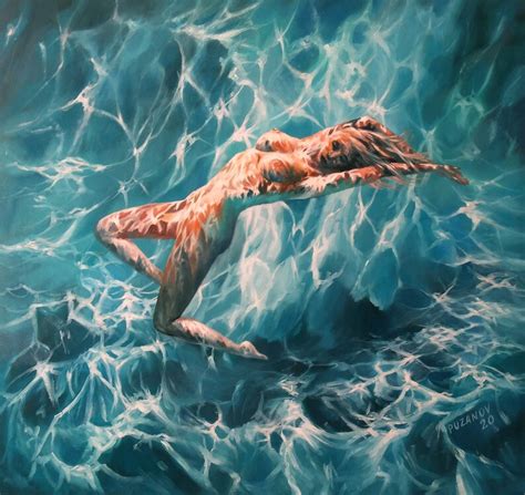 Large Original Oil Painting Nude Naked Girl In The Swimming Etsy