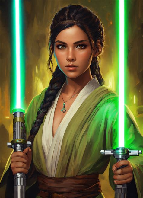 Lexica Young Woman Jedi Knight Holding Two Green Lightsabers Olive
