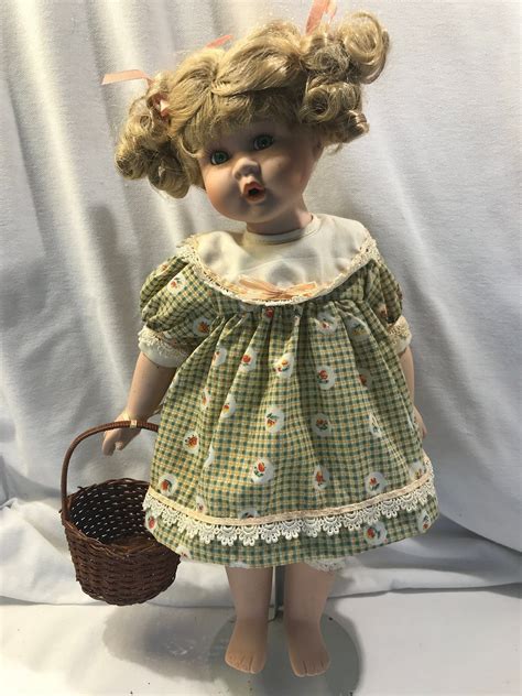 Large Porcelain Doll Holding Basket Porcelain Bisque Head Hands Feet