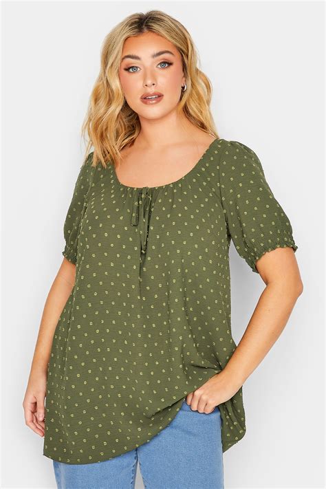 Yours Curve Plus Size Khaki Green Dobby Gypsy Top Yours Clothing