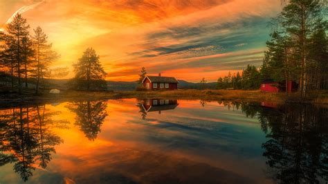 Sunset At Ringerike Norway Reflections Lake Trees Clouds Colors
