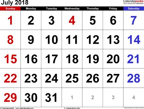 July 2018 Calendar Templates For Word Excel And Pdf