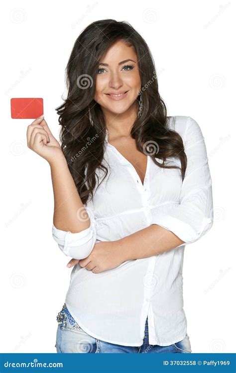 Beautiful Smiling Girl Showing Red Card In Hand Stock Photo Image Of