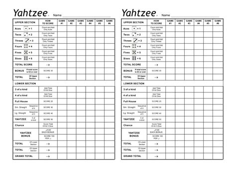 Yahtzee Score Sheet Printable