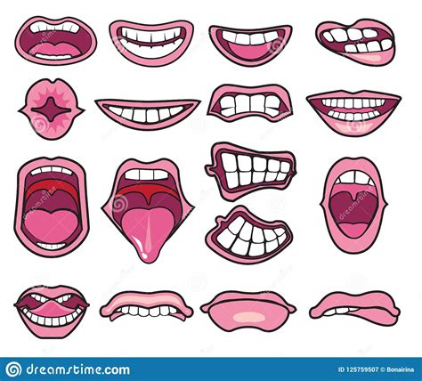 Cartoon Mouths Caricature Funny Characters Mouth With Lips Teeth And Tongue With Various