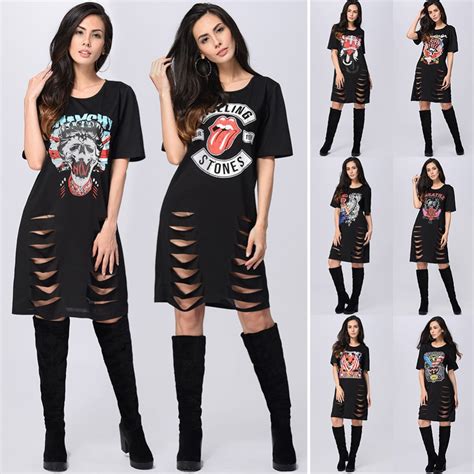 Women Sexy O Neck Dress Print Punk Rock N Roll Hollow Out T Shirt Dress Short