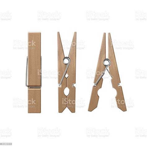 Set Of Wooden Clothespins Pegs Front Side View Stock Illustration