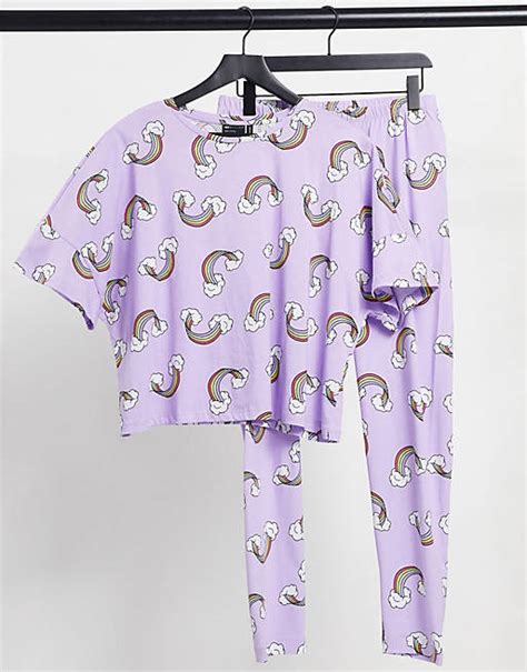 Asos Design Rainbow Tee And Legging Pajama Set In Lilac Asos