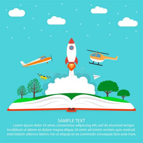 Imagination Concept Reading Open Book With Rocket Spaceship Plane