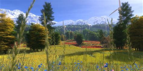 Grass Field Flowers Trees Mountains Wallpaper Coolwallpapersme