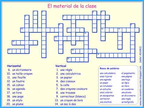 Me Encanta Escribir En Español El Material De La Clase Crucigrama