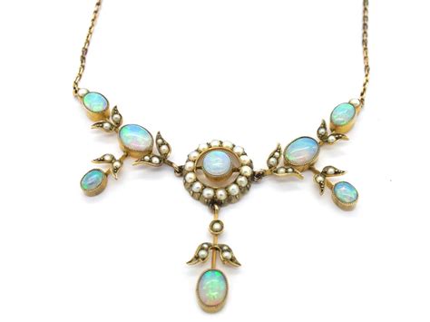 9ct Gold Edwardian Opal And Natural Split Pearl Necklace In Original Case