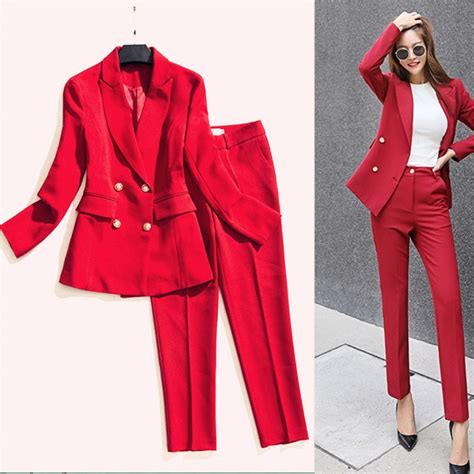 Womens Suit Set Professional Double Breasted Red Suit Jacket Slim Nine