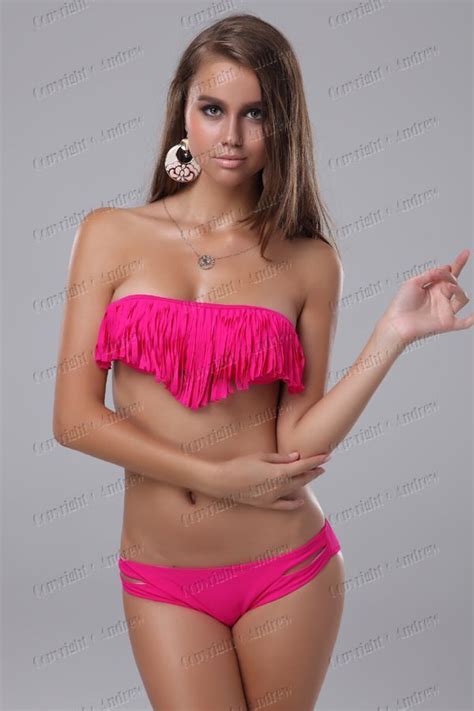 Sexy Tassel Padded Bandeau Fringe Bikini Swimwear Bathing Beach Suit Hot Pink 18
