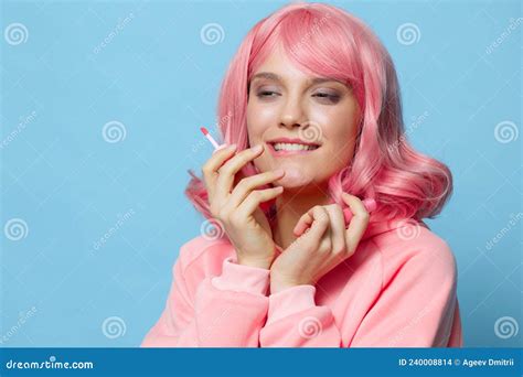 Beautiful Woman With Pink Hair Lipstick Makeup Blue Background Stock