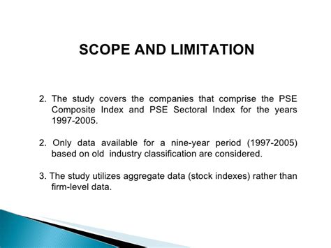 The scope of the study basically means all those things that will be covered in the research project. MBA thesis on the Philippine stock market