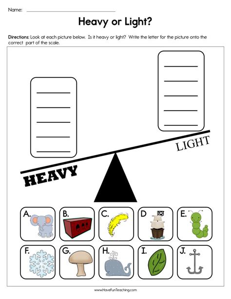 Heavy And Light Worksheet For Kindergarten