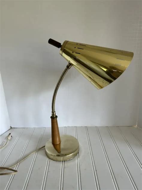 Vintage Original Mcm Gold Teak Wood Gooseneck Desk Table Lamp Light
