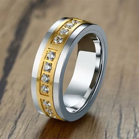 Luxurious Tungsten Carbide Rings For Men Two Tone Cubic Zirconia Inlay