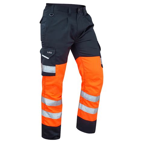 Leo Workwear Bideford Ct01 Onv Hi Vis Cargo Trousers Orangenavy
