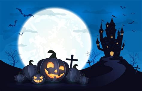 Premium Vector Smiling Pumpkins And Dark Scary Castle On Blue