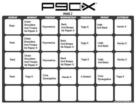 In general, a good rule is to do strength training three times a week, leaving at least one day of rest between each day of work. P90X Workout Schedule - Housewife2Hostess