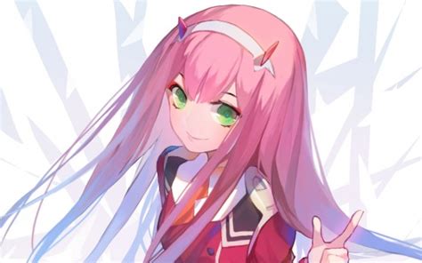 Darling In The Franxx Green Eyes Zero Two With Background Of White And