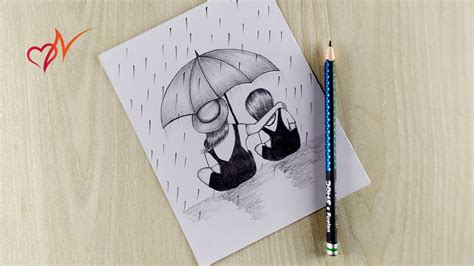 Two Sisters Sitting Under Umbrella In A Rainy Day Pencil Sketch