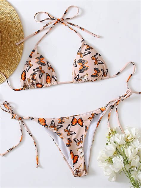 Butterfly Print Triangle Tie Side Bikini Swimsuit Romwe Usa In 2021 Bikinis Bikini