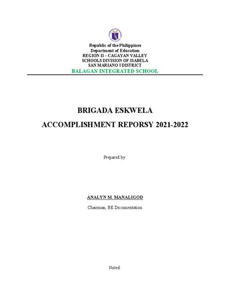 2022 Brigada Eskwela Accomplishment Report Pdf Cognition Learning