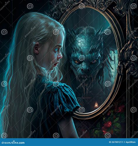 He Girl Sees A Monster In The Mirror Instead Of Her Reflection Stock Illustration Illustration