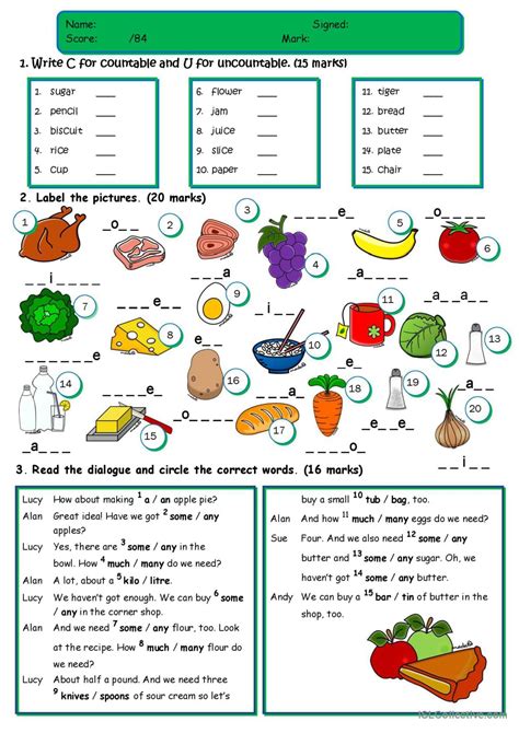 Food Test Countable Uncountable A English Esl Worksheets Pdf Doc