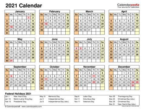 2021 Calendar Template Excel