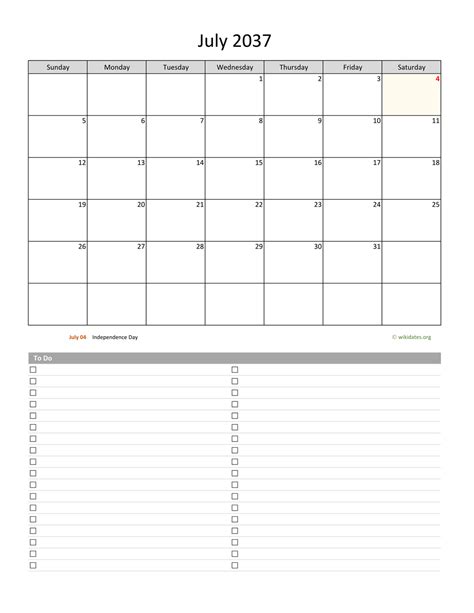 July 2037 Calendar With To Do List
