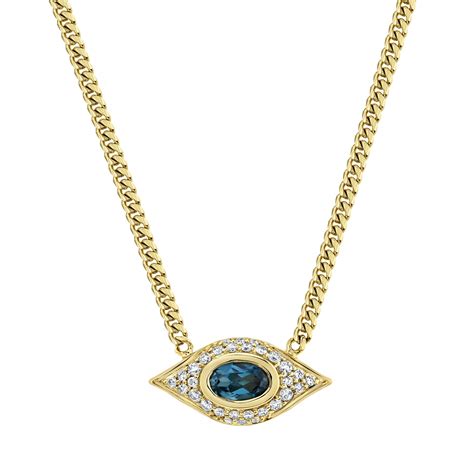 K Yellow Gold Diamond Oval Blue Topaz Evil Eye Necklace