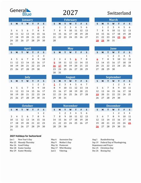 2027 Printable Calendar With Switzerland Holidays