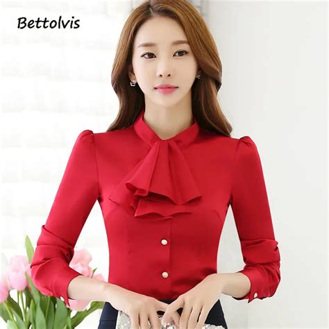 autumn new elegant red white shirt women s v neck hollow out long sleeve chiffon blouse office