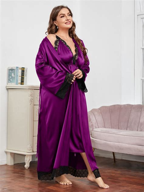 Plus 1pc Satin Contrast Lace Belted Night Robe Night Dress Night Robe Plus Size Fashion For