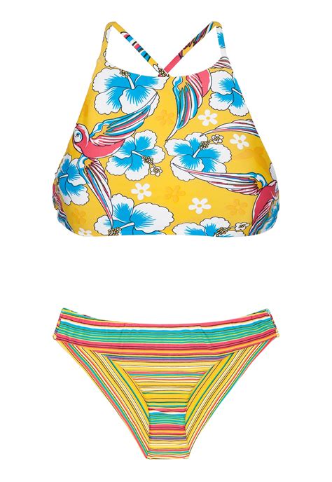 Crop Top Bikini With A Mixture Of Yellow Prints Canarinho Sporty