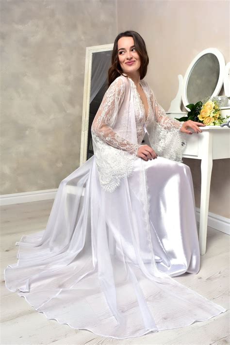 White Bridal Satin Peignoir Set Long Lace Robe And Nightgown Etsy In