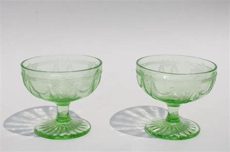 1930s Vintage Uranium Green Depression Glass Sherbet Dishes Cameo