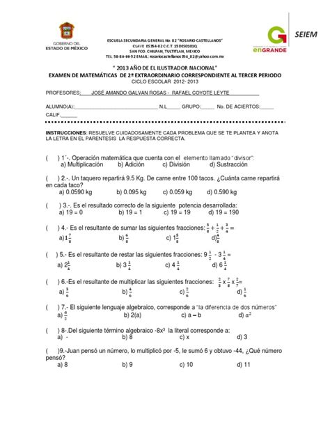Examen Extraordinario De Matemáticas De Segundo Grado Pdf