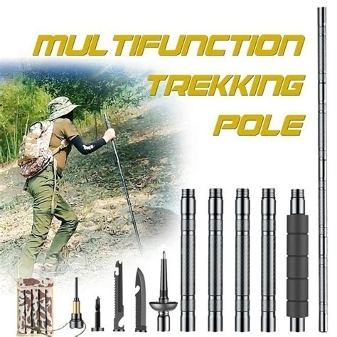 Multifunctional Tactical Folding Aluminum Trekking Pole Outdoor Hiking Stick Survival Tool Wish