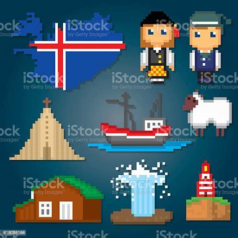 Iceland Icons Set Pixel Art Old School Computer Graphic Style Stock