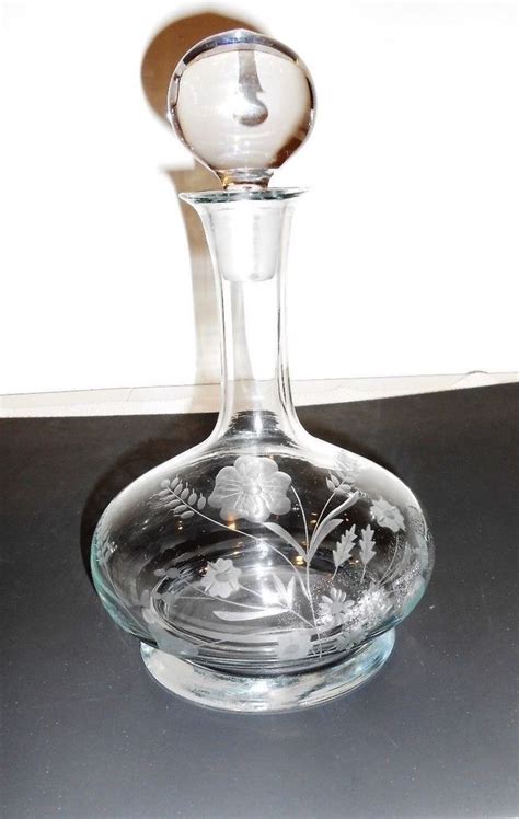 Clear Etched Glass Flora Design Spirits Decanter With Stopper Vintage Flora Design Glass