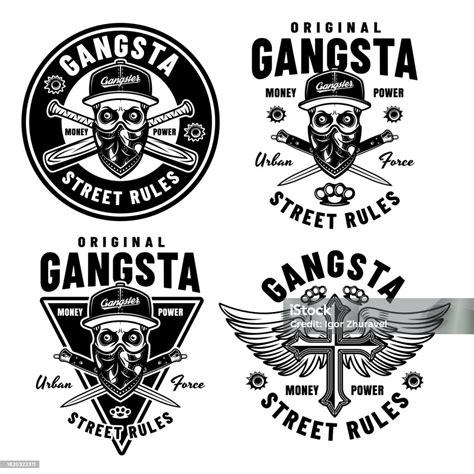 Gangsta Set Of Vector Criminal Emblems Labels Badges Or Prints In