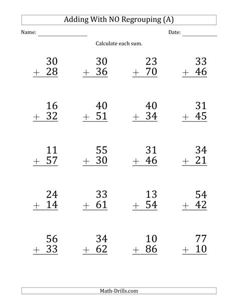Create and download your own addition worksheets. Large Print 2-Digit Plus 2-Digit Addition with NO ...