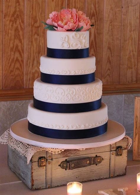 Navy And Coral Wedding Cake With Sugar Peonies Coral Wedding Cakes