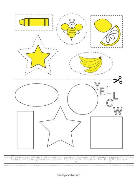 Cut And Paste The Things That Are Yellow Worksheet Dnealian Twisty