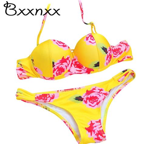 New Summer Push Up Swimwear Women Floral Print Bikini Yellow Vintage